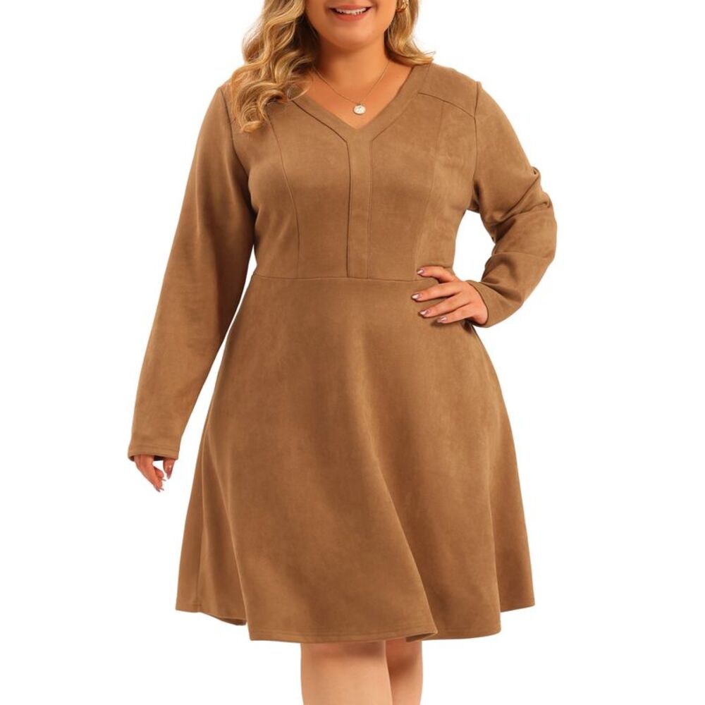 Plus Size Women Dress Faux Suede V Neck Long Sleeve A-Line Dress Brown